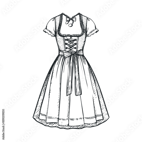 Traditional Dirndl dress illustration with intricate lacing, puffed sleeves, and a full skirt, representing Bavarian folk fashion.