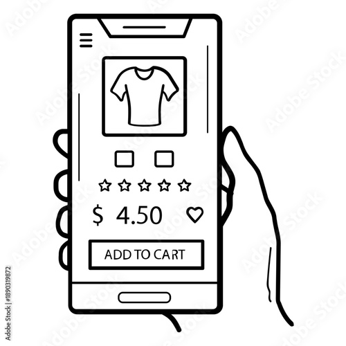 adding shirt to cart via mobile phone concept, hand holding smartphone with t-Shirt app vector icon design, E-commerce and shopping stock illustration