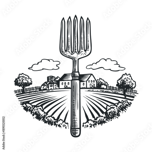 Large fork is cleverly integrated into a beautiful rustic farm landscape featuring fields, barns, and trees in a vintage woodcut style illustration.
