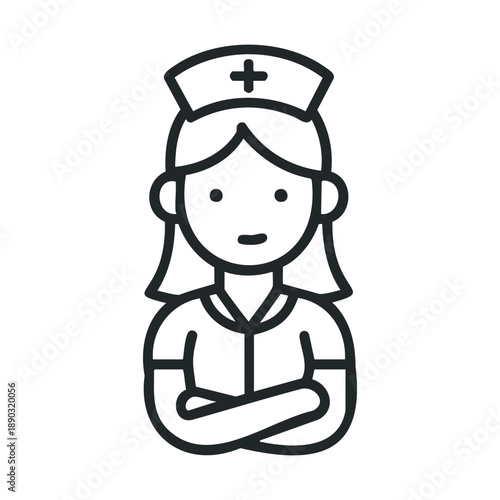 Female nurse icon illustration representing healthcare profession and medical support, often used for user interfaces and digital applications.