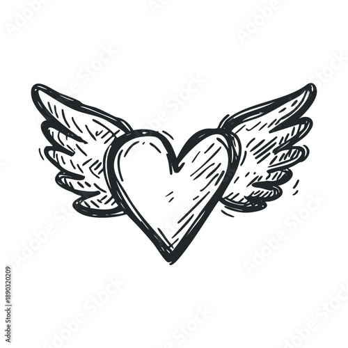 Hand-drawn winged heart illustration symbolizes love and freedom, perfect for Valentine's Day, romance, or passionate design concepts.