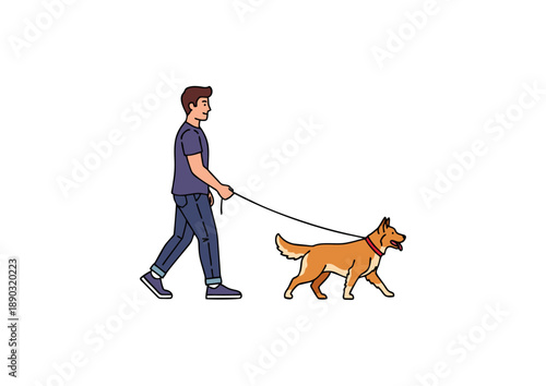 Man walking his dog on a leash in a park on a sunny day, enjoying the outdoors and nature with his pet
