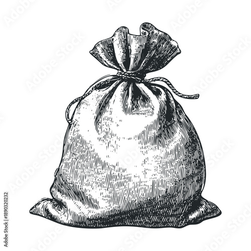 Old engraved tied sack full of riches, rendered in a classic sketch style, representing abundance, fortune, and financial success.