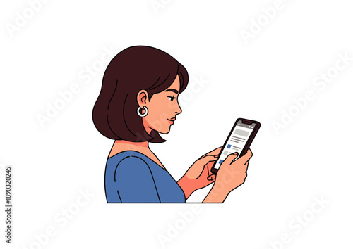 Woman using a mobile phone for communication and browsing information on a white background