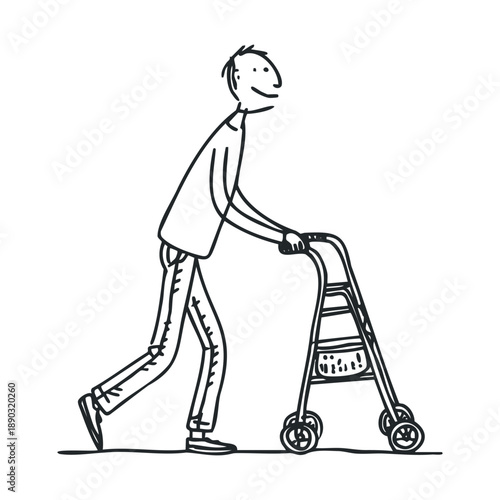 Person walking with a mobility walker, depicted in a simple, hand-drawn black and white cartoon style, illustrating concepts of assistance and independence.