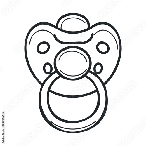 Baby pacifier outline drawing, a simple black and white illustration depicting the comforting and soothing infant accessory for newborns.