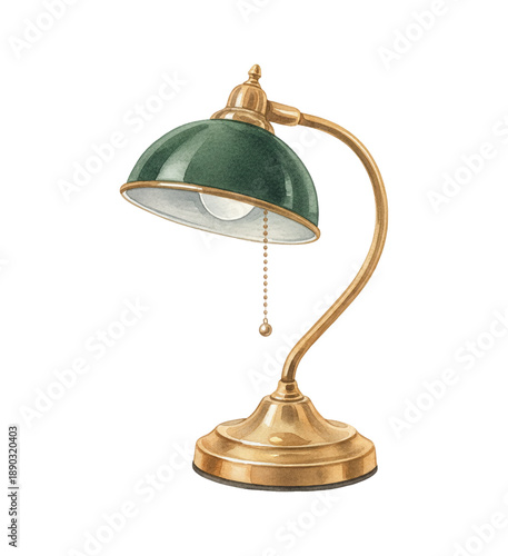 Elegant Vintage Brass Banker Lamp with Green Shade and Glowing Lightbulb Isolated Object