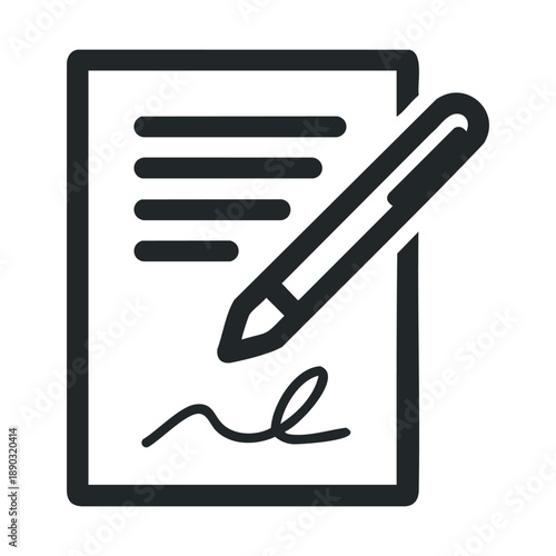 Document pen signature icon symbolizing the act of signing a legal agreement, contract, or official paperwork for approval and authorization.