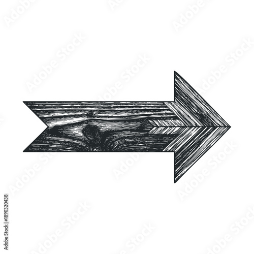 Wooden arrow pointing right with a rustic engraved texture, creating a vintage and directional design element for various graphic projects.