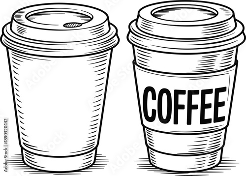 Disposable paper coffee cups with lids and sleeve, black and white engraved style vector illustration