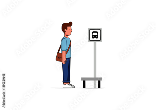 A young man stands patiently at a bus stop, waiting for his public transport to arrive, with a canvas bag slung over his shoulder