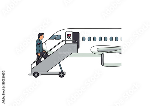 Illustration of a passenger ascending the mobile stairs to board a commercial airplane, ready for an air travel journey and departure from the airport gate
