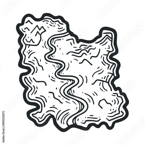 Cartoon map illustration featuring a winding river and abstract terrain lines, depicting an imaginative landscape in a simple, hand-drawn style.