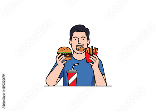 Vibrant illustration of a smiling man enjoying a hearty fast food feast, complete with a burger, crispy fries, and a cool drink, symbolizing a quick and satisfying mealtime