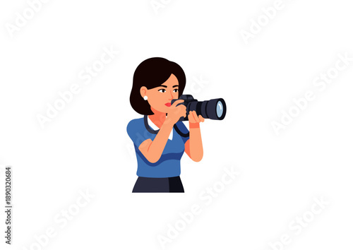 A determined female photographer is captured in a moment of intense focus, expertly holding her professional camera to capture the perfect shot
