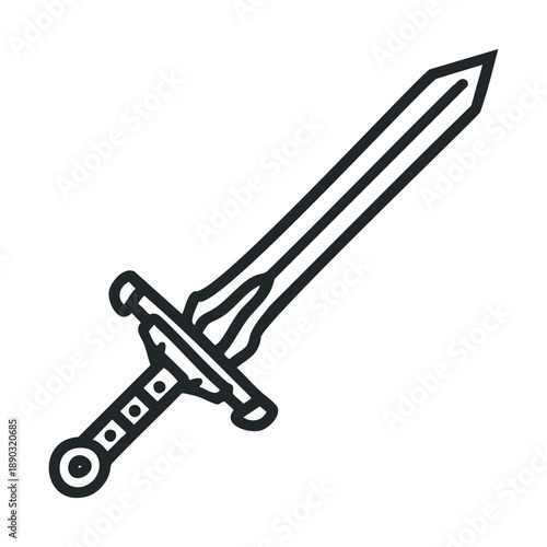 Black outline drawing of a classic medieval sword with a pointed blade and ornate hilt, representing strength and ancient warfare.