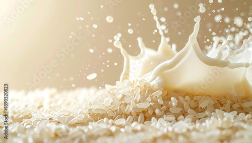 Dynamic Splash of Creamy Rice Milk onto Raw Grains