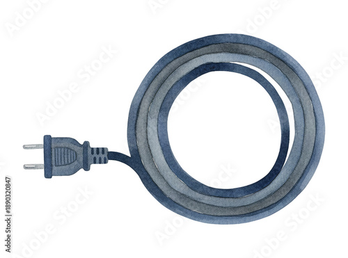 Blue Electrical Power Cord with a Two Prong Plug Coiled in a Circle Simple Watercolor Illustration