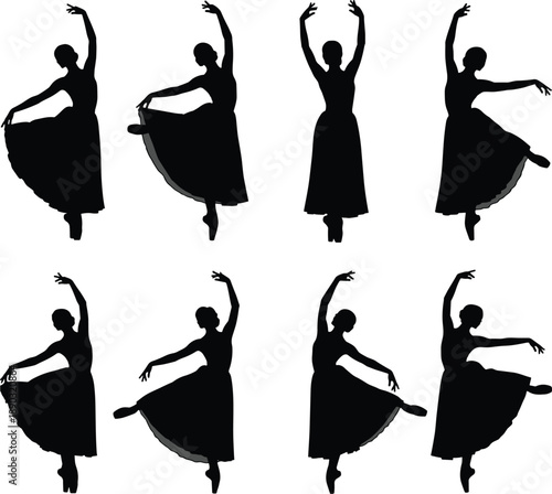 Black ballerina silhouettes collection featuring graceful ballet dancers in elegant poses and long skirts isolated on white background for classical dance theater and performance design