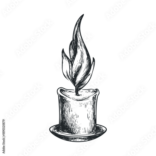 Burning candle with a flickering flame illuminates the darkness in a vintage hand-drawn sketch style, symbolizing hope and remembrance.
