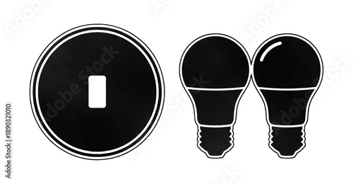 Black and white vector graphic icons depicting a media play pause button and two modern LED light bulbs