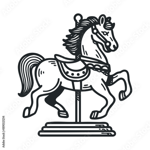 Classic carousel horse illustration captures the nostalgic charm of a vintage amusement park ride, rendered in a clean, hand-drawn black and white style.