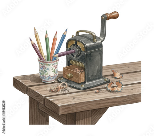Vintage Pencil Sharpener Sharpening a Purple Pencil Next to Colored Pencils on a Rustic Wooden Table with Shavings