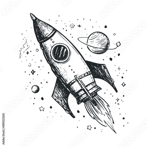 Vintage hand-drawn rocket launching into outer space with planets and stars, symbolizing exploration, adventure, and childhood dreams of discovery.