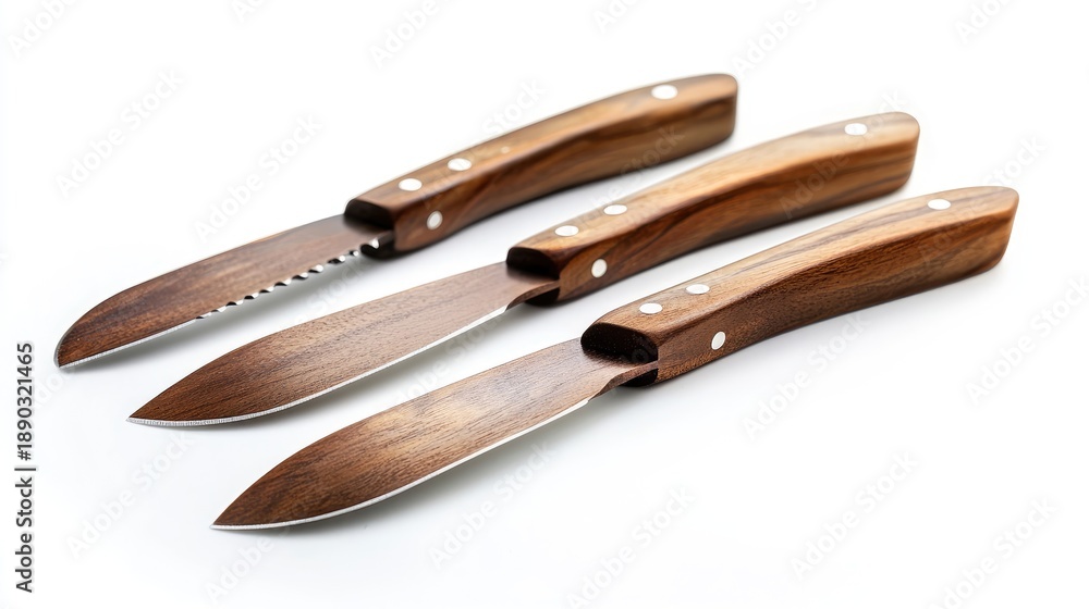 Fototapeta premium Three wooden handled steak knives arranged on a white background, showcasing their sharp blades and elegant design.