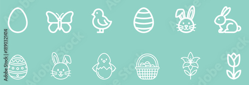 Easter icons set with white outlines on teal background including eggs bunnies and chicks
