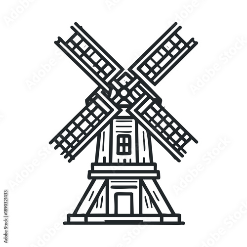 Traditional windmill illustration with a classic design, featuring large rotating sails and a sturdy base, depicted in a clean, hand-drawn outline style.