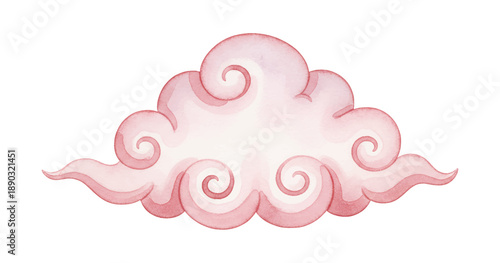 Stylized pink auspicious cloud watercolor painting with traditional Asian swirly patterns