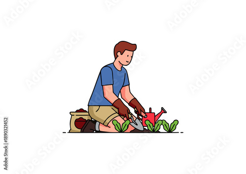 Man planting a seedling in the garden with a trowel, wearing gardening gloves and a blue t-shirt, surrounded by plants and a bag of soil