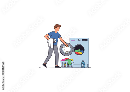Young man efficiently managing his household chores, loading colorful clothes into a modern washing machine for a fresh and clean laundry day routine