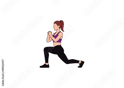 Female athlete performing a lunge exercise, illustrating a healthy workout routine with proper form for leg and glute strengthening, ideal for home fitness or gym training