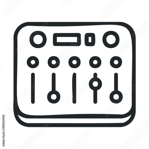 Audio mixer control panel icon illustration featuring various knobs and faders for adjusting sound levels and effects in a music studio.
