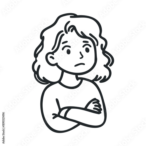 Young woman with crossed arms looking skeptical and displeased, conveying a sense of doubt, disapproval, or frustration with her expression.