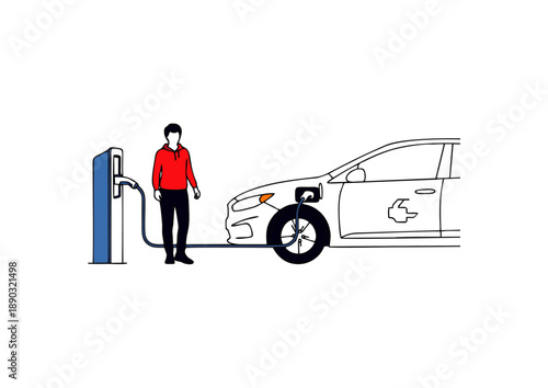 Individual using a public electric vehicle charging station to power up their sustainable transportation, representing modern eco-friendly urban mobility and energy solutions for a cleaner future
