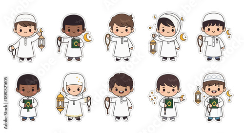 Cute cartoon Muslim children celebrating Islamic holidays with traditional attire and religious symbols like lanterns and prayer beads.