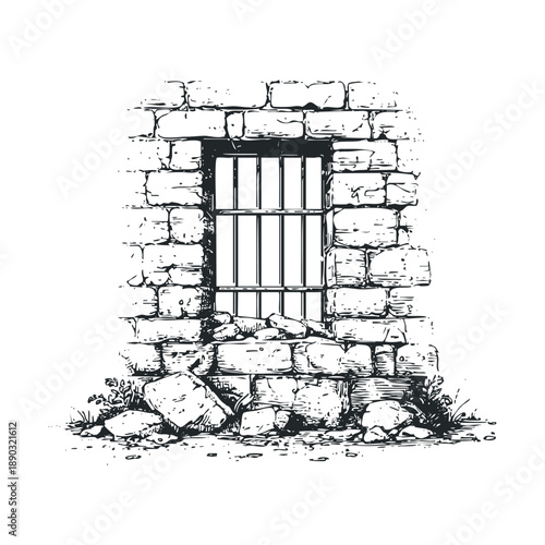 Old stone wall with barred window illustration depicts a dilapidated and ancient structure, featuring rough hewn blocks and scattered debris at its base, rendered in a classic hand-drawn sketch style.