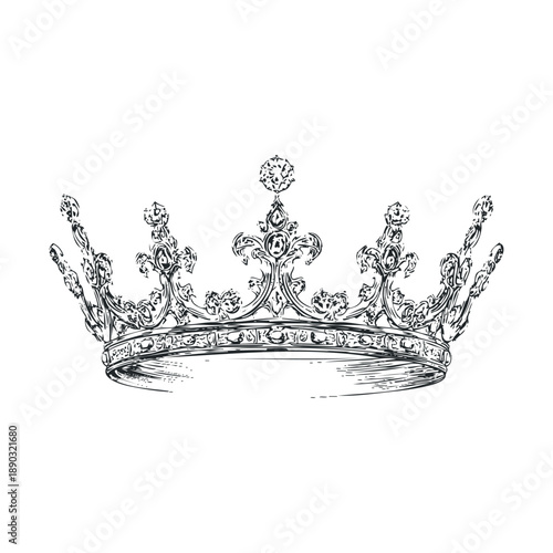 Elegant royal crown illustration, meticulously hand-drawn with intricate details and a majestic design, symbolizing power, luxury, and achievement.