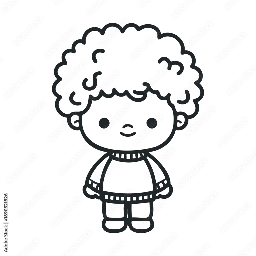Fototapeta premium Cute cartoon child with curly hair wearing a simple sweater and pants, standing with a happy smile, rendered in a charming black and white line art style.