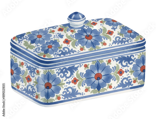 Decorative Rectangular Lidded Box with Blue and White Traditional Floral Pattern and Handle Watercolor Illustration