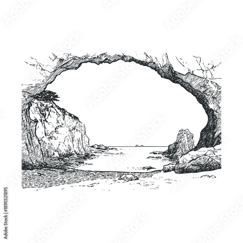 Natural rock arch formation overlooks the sea, featuring a rugged coastline and a small sandy beach rendered in a classic hand-drawn sketch style.