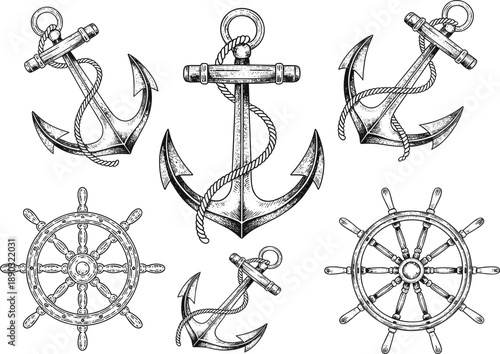 Vintage nautical set with anchors and ships wheels, black and white engraved woodcut style vector illustration