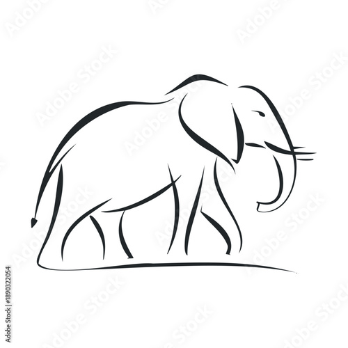 Elegant minimalist elephant illustration walking with a graceful stride, showcasing its majestic form through simple, flowing black lines on a clean canvas.