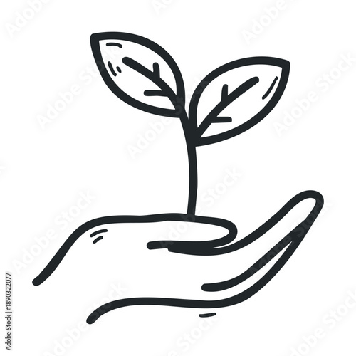 Human hand gently holding a tiny plant seedling sketch, symbolizing environmental protection, new beginnings, and the importance of nurturing nature.