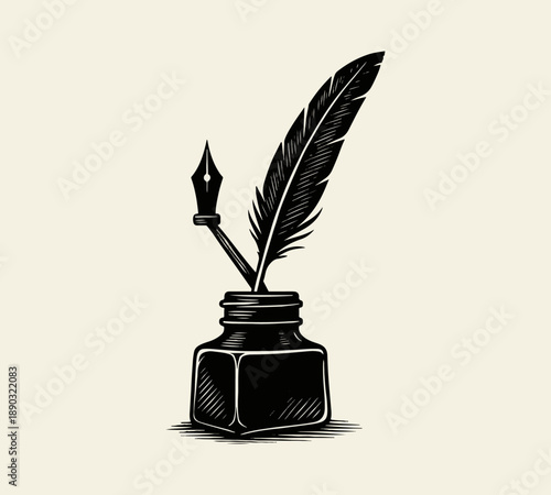 Vintage Quill Pen and Ink Bottle Illustration – Classic Writing & Calligraphy Icon