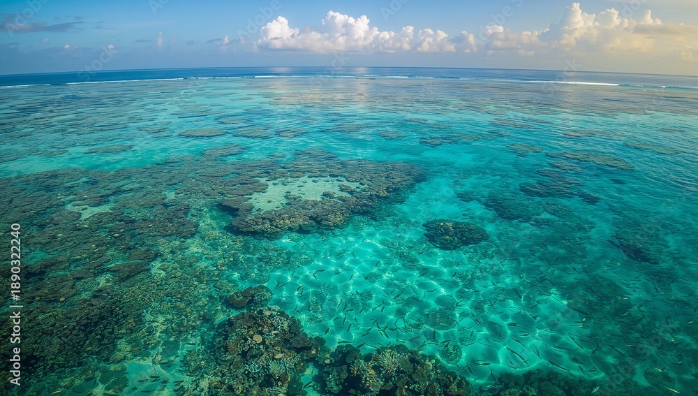 Fototapeta premium Showing aerial shallow reef with turquoise water revealing coral heads, sand patches, sun glint