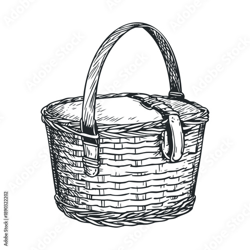Wicker basket hand-drawn illustration featuring a traditional woven design with a sturdy handle and a simple closure, perfect for picnics or market trips.
